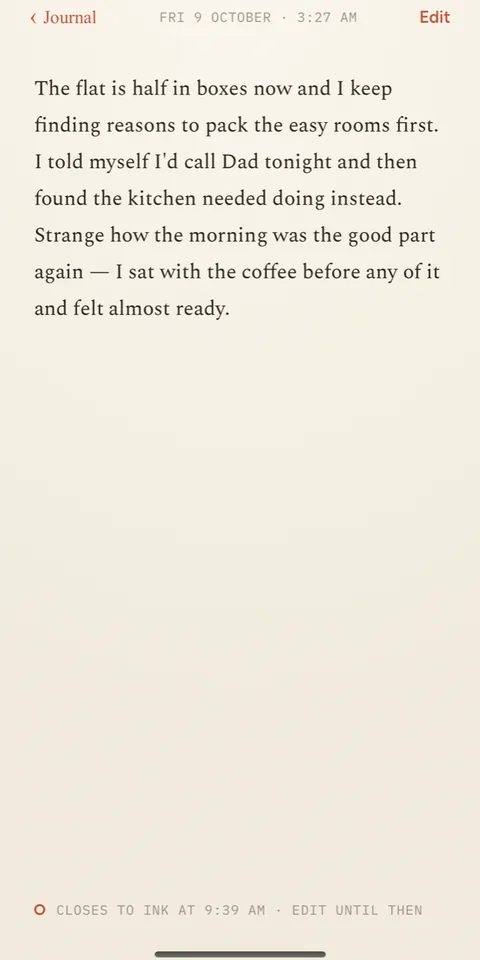 A sealed page in InnerNote, on paper, editable until it closes to ink.